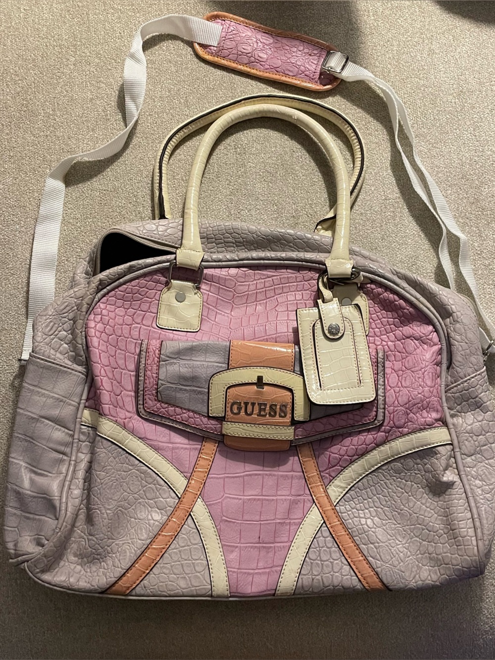 GUESS Pink and Cream Croc-Embossed Travel Bag with Peach Accents